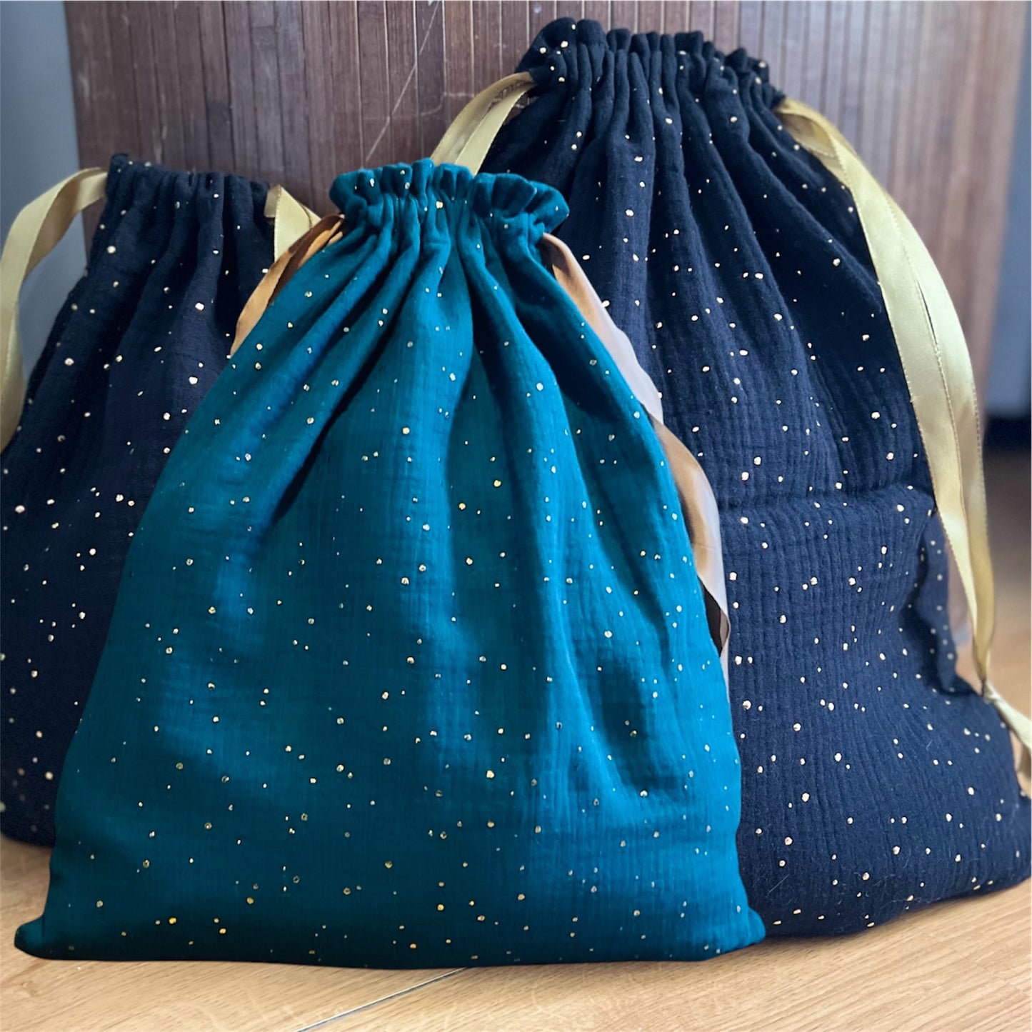 Emballage cadeaux en tissus coton double gaze, zero dechet, pochons sac reutilisable