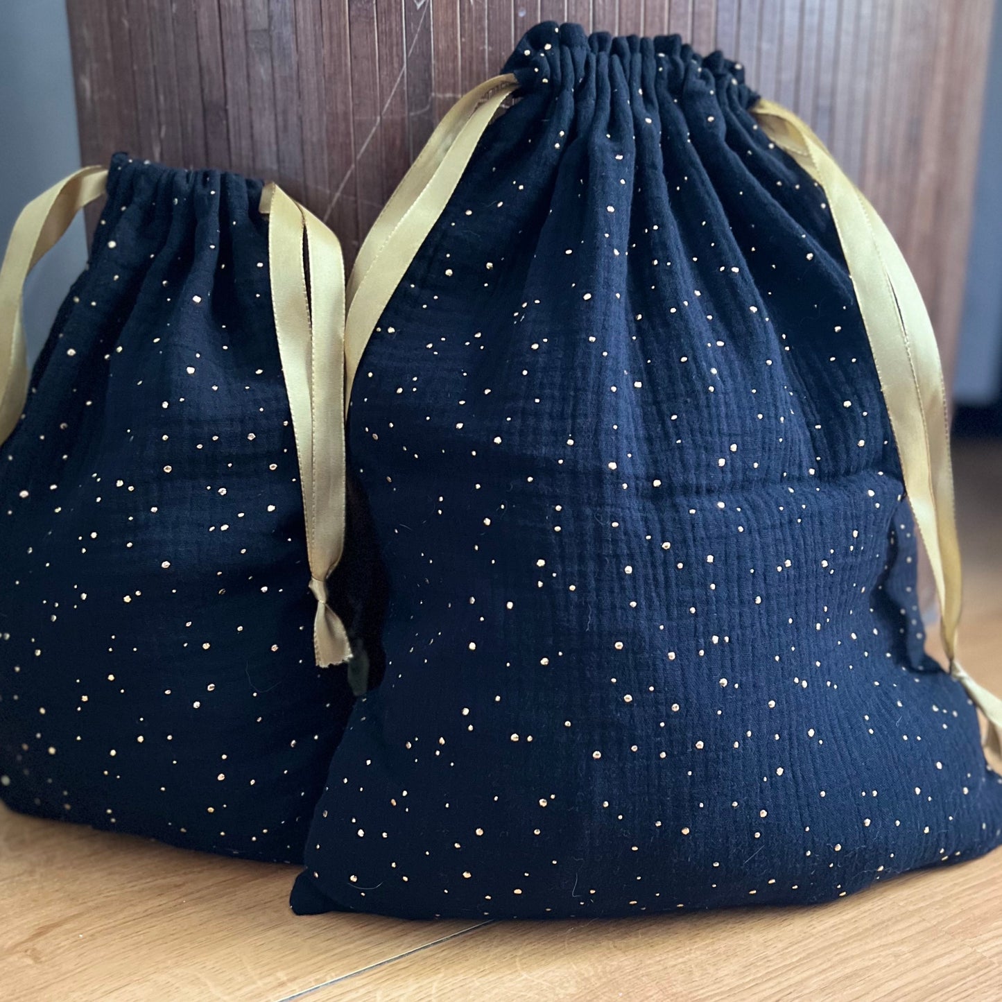 Emballage cadeaux en tissus coton double gaze, zero dechet, pochons sac reutilisable