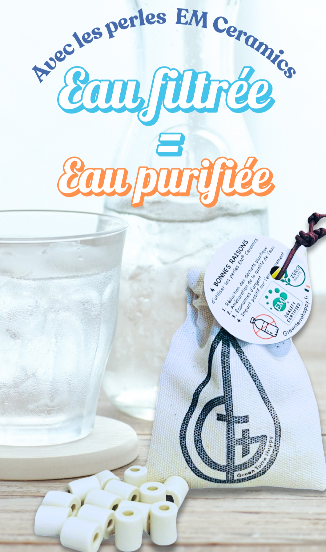 Filtert Wasser auf natürliche Weise. Keine Plastikpartikel, reduziert Chlor, Kalk, Nitrate und Nitrite.