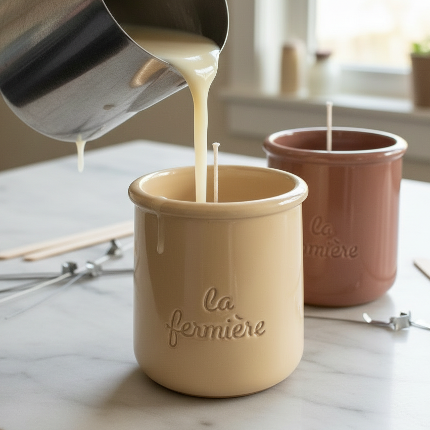 Yaourt, terre, cuite contenant une bougie à la cire végétale parfumée , vanille ou pain d’épices