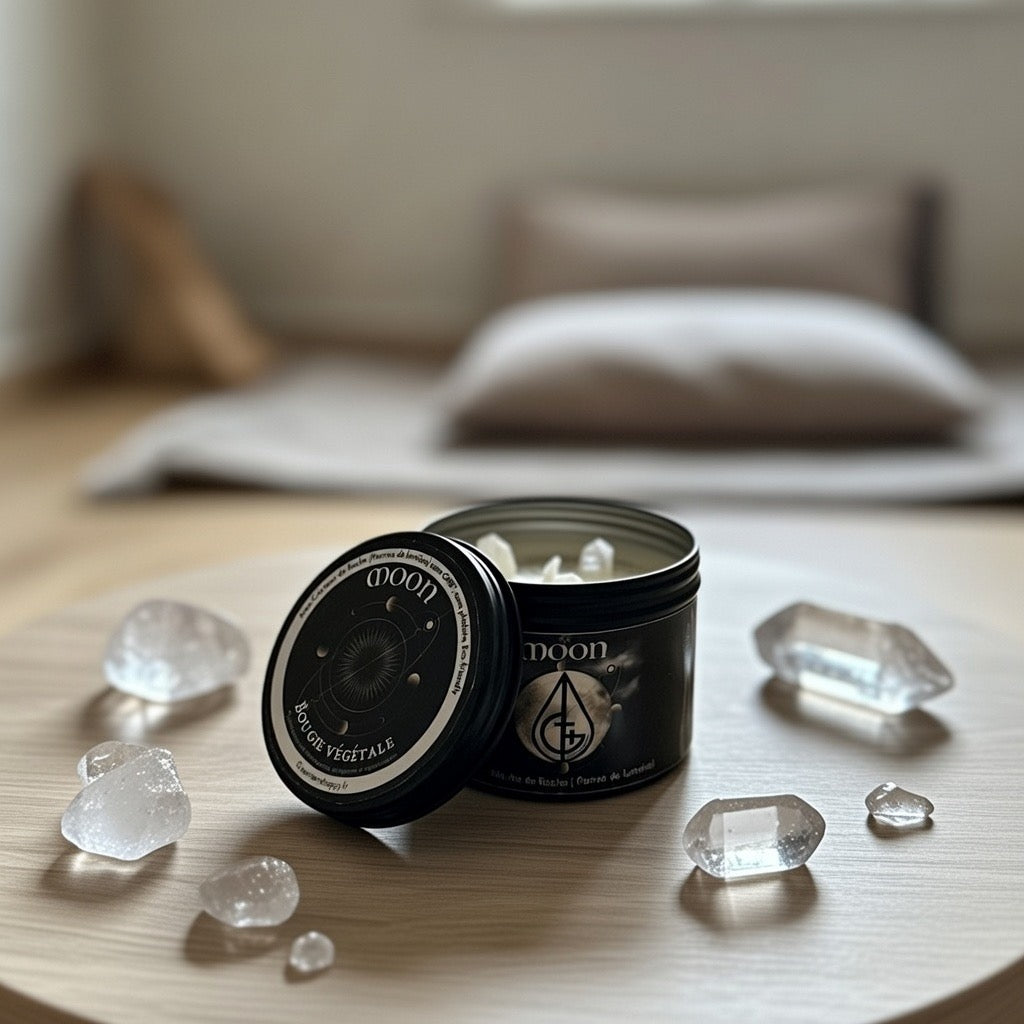 Bougie végétal aux cristaux de roche non parfumé idéale pour la méditation et purifie votre intérieur en éloignant les mauvaises énergies et attire les bonnes énergies 