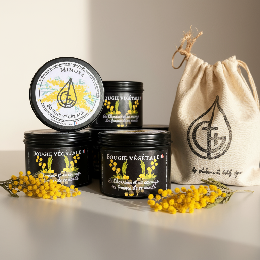 Bougies artisanale, parfumée aux mimosas Symbole de courage et d’énergie à offrir aux femmes le 8 mars fête des femmes 