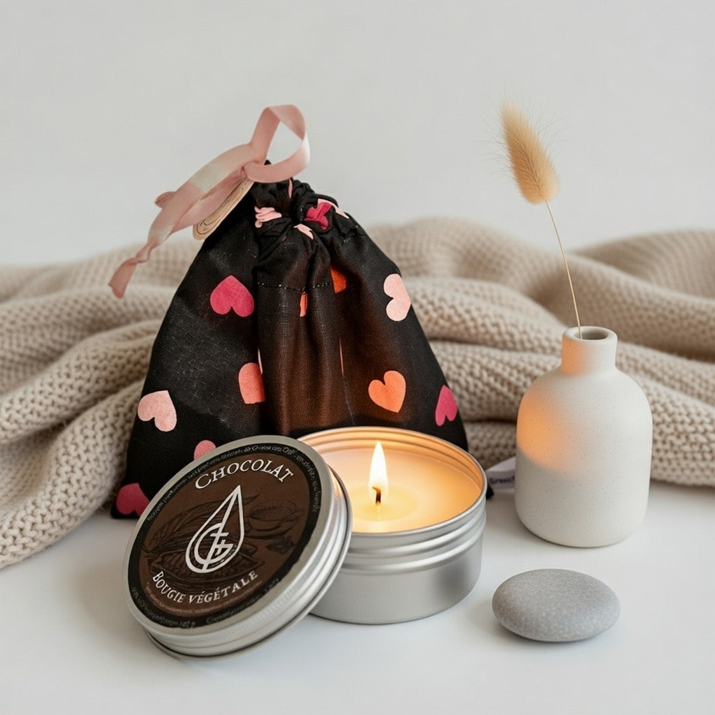 Bougie au chocolat, parfum naturel, emballée dans son pochon en tissu coton, parfait pour offrir cadeau et Écologique