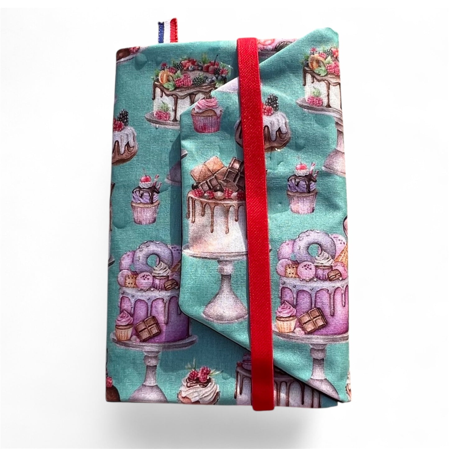 Couvre livre fait main en tissu coton perméable de jolies motifs gourmands de pâtisseries 