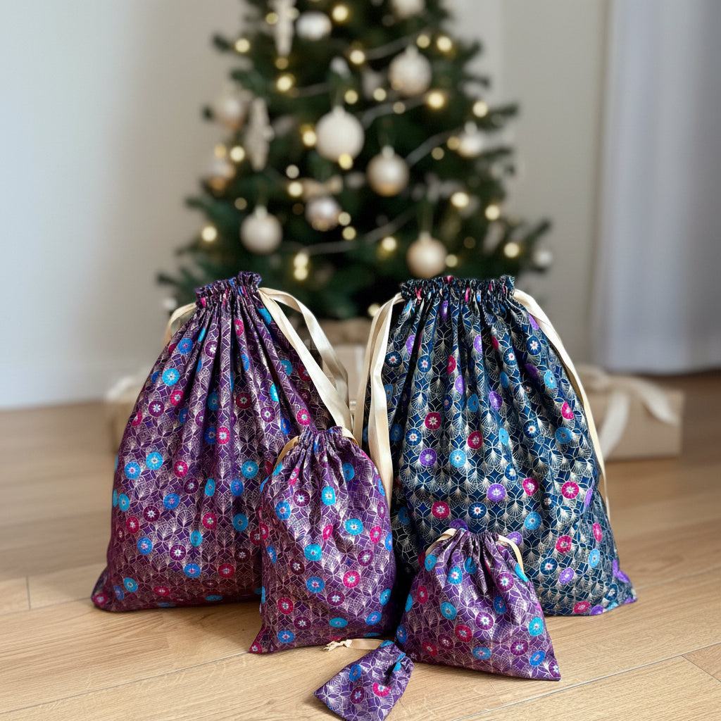 Idée cadeau offrez et emballez vos cadeaux dans un sac pochon en tissu réutilisable c’est écologique et économique 