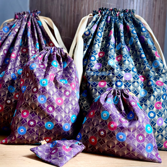 Sac emballage cadeaux en tissus coton imprime Noel, zero dechet, Furoshiki pochons sac reutilisable