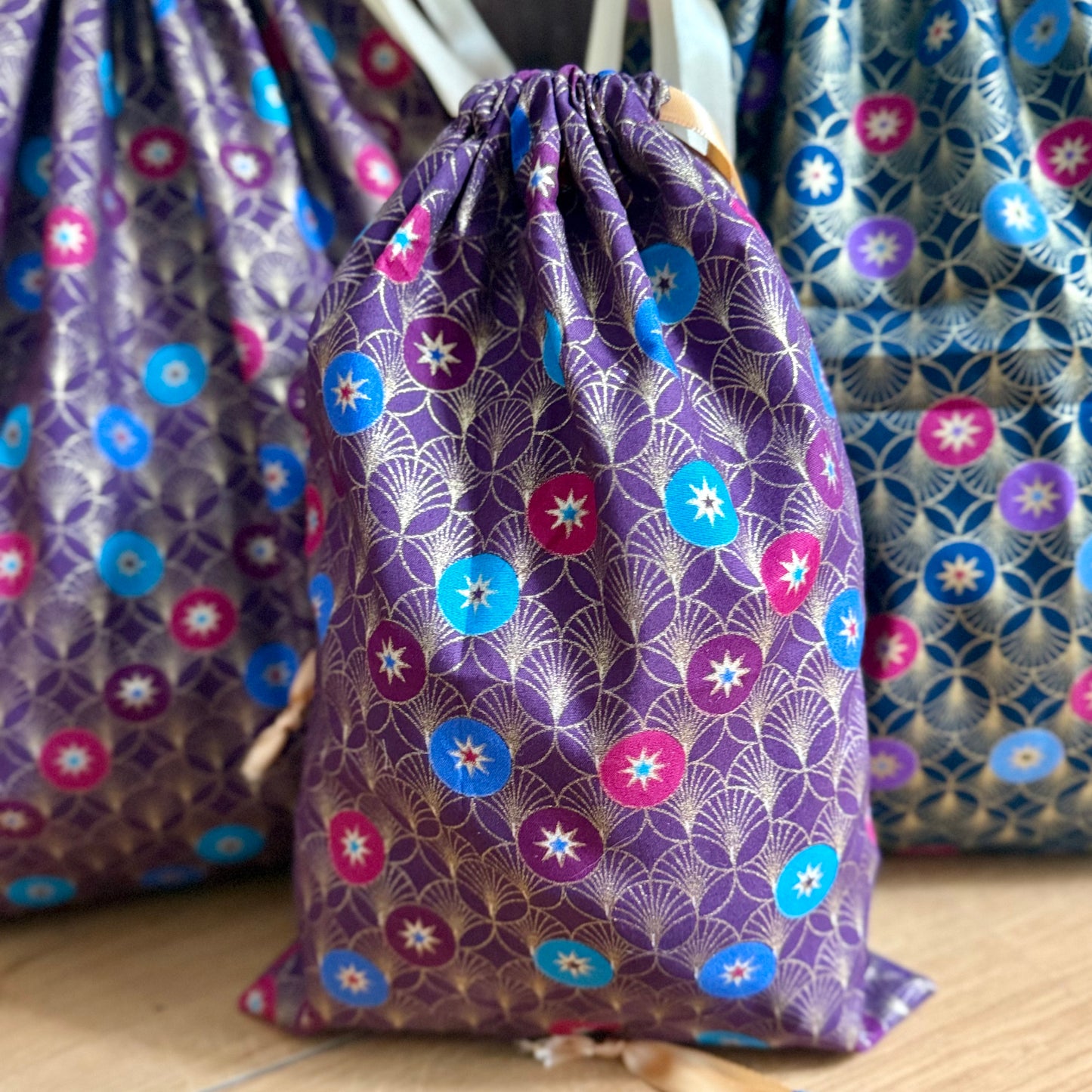 Sac emballage cadeaux en tissus coton imprime Noel, zero dechet, Furoshiki pochons sac reutilisable