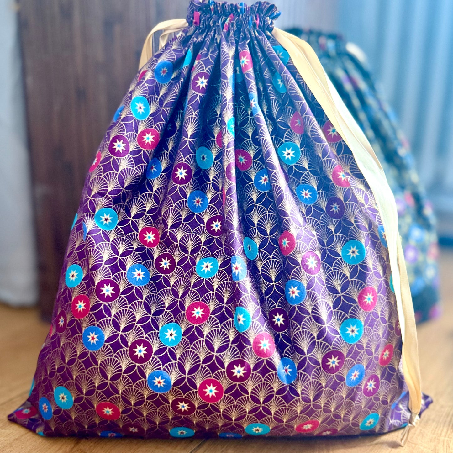 Sac emballage cadeaux en tissus coton imprime Noel, zero dechet, Furoshiki pochons sac reutilisable