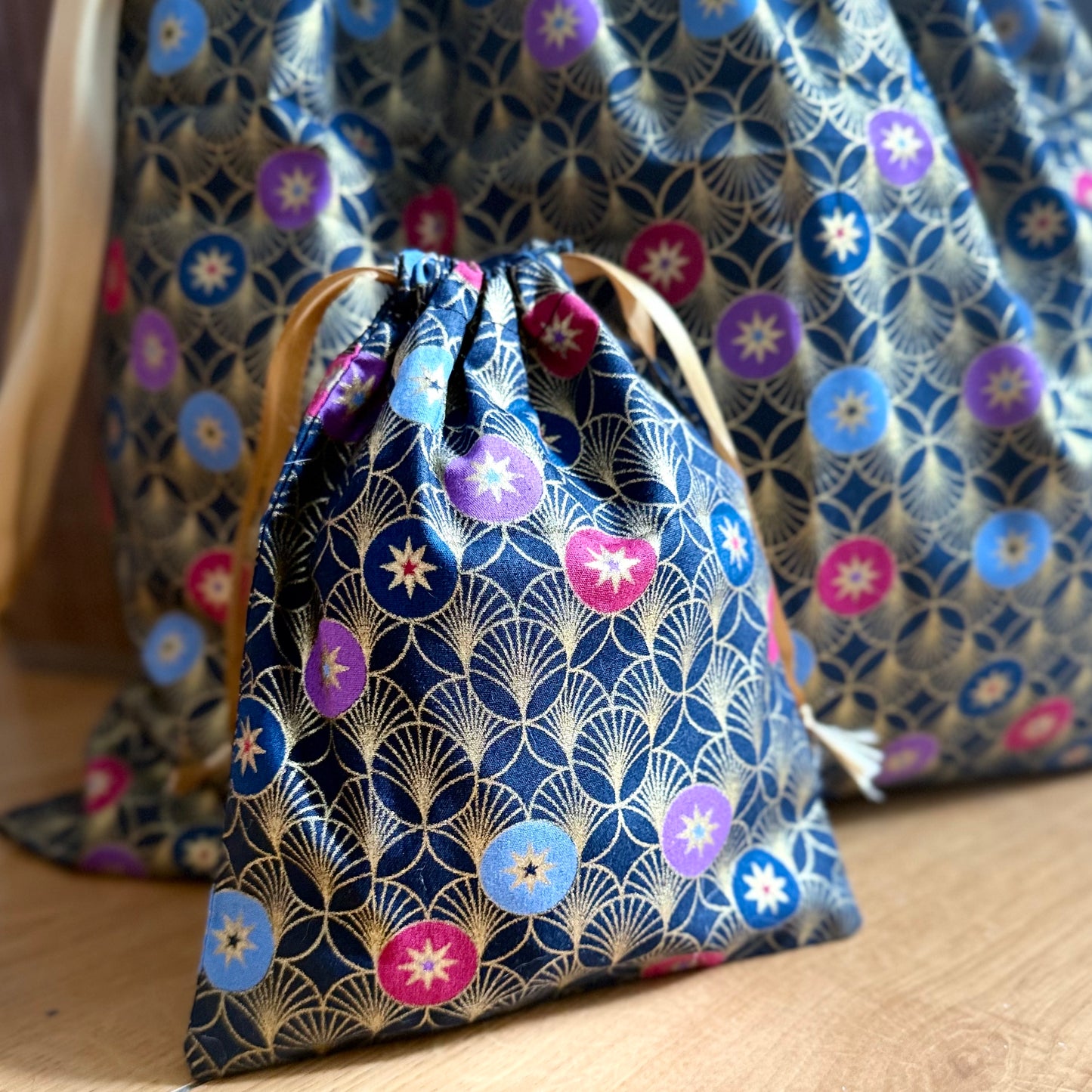 Sac emballage cadeaux en tissus coton imprime Noel, zero dechet, Furoshiki pochons sac reutilisable