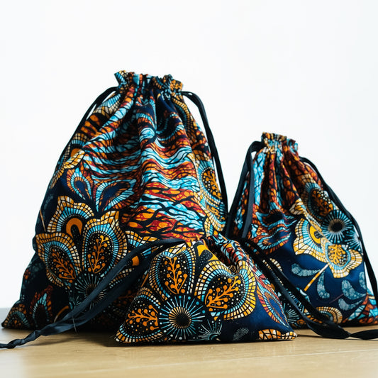 Emballage cadeaux en tissu sac réutilisable zéro déchet, en tissus wax, pochon 100% coton Furoshiki