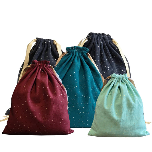 Emballage cadeaux en tissus coton double gaze, zero dechet, pochons sac reutilisable