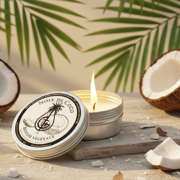 Bougie parfumée Noix de coco fait main France bien être non toxique, bougie vegan artisanale