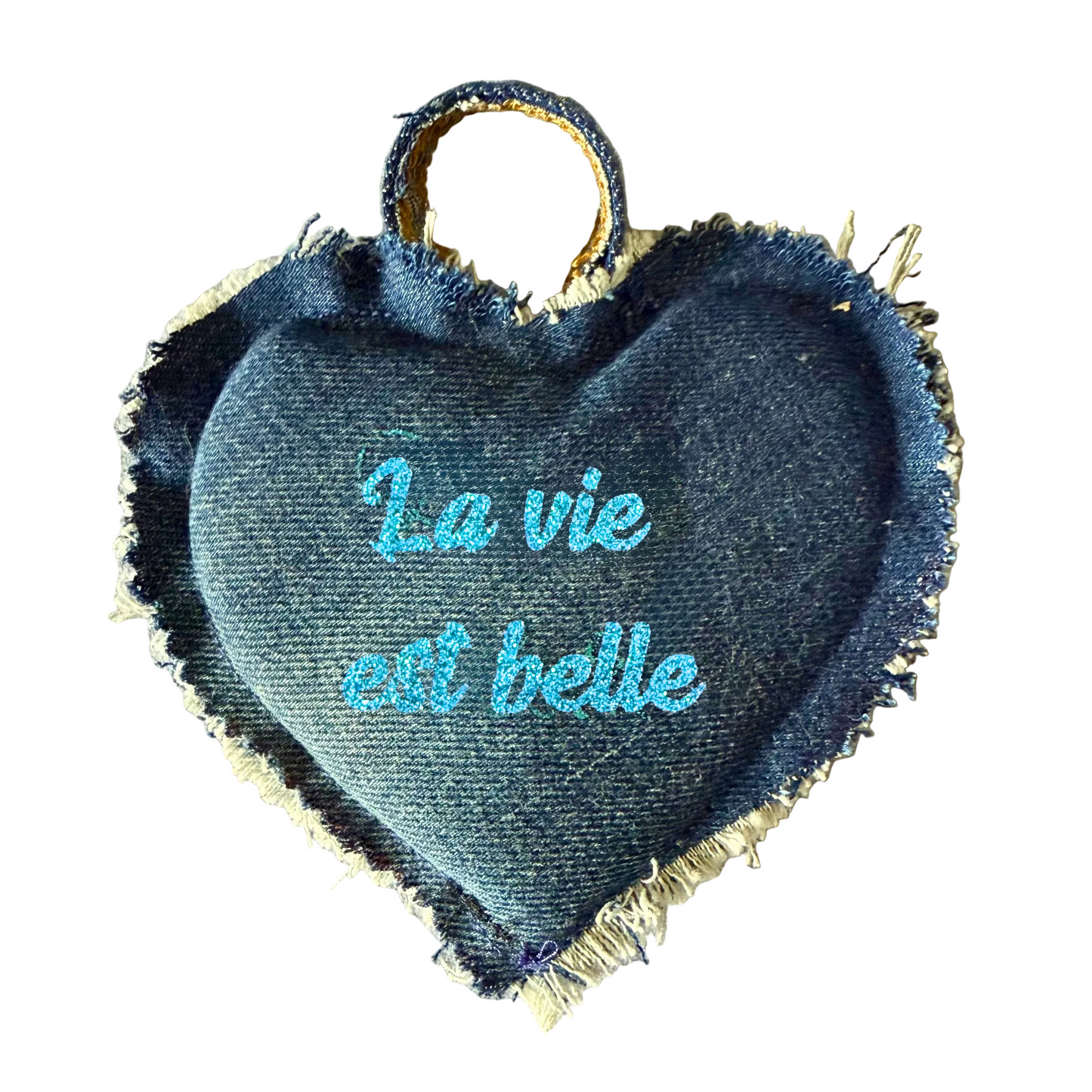 Ornement en en coton toile de jeans recyclés en forme de coeur avec texte positif a offrir avec texte personnalisable